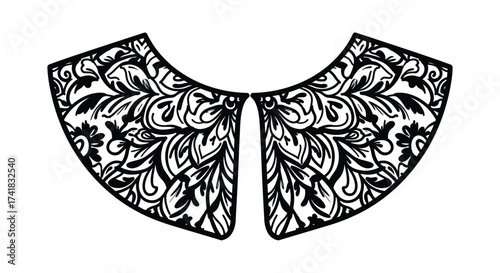 Intricate black and white floral lace collar design with detailed filigree patterns and organic motifs