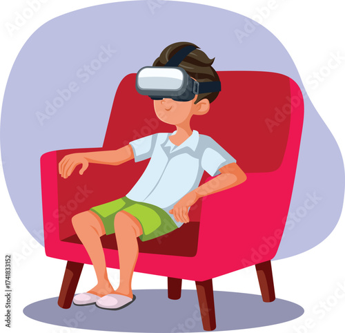 Teen Boy Sitting on a Chair Wearing VR Glasses Vector Character. Teenager spending too much time seated addicted to technology
