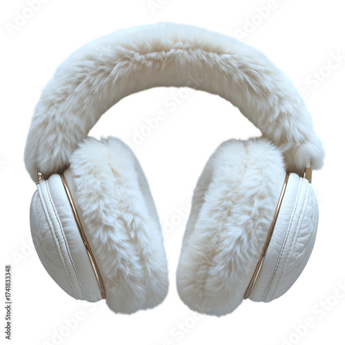 Cozy and warm fluffy white earmuffs with a soft plush texture providing comfort and protection from the cold winter weather isolated on transparent background