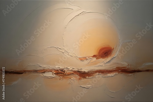 Textured abstract painting with warm earthy tones and a central glowing orb