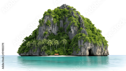 Lush tropical island with vibrant greenery and turquoise water isolated on transparent background