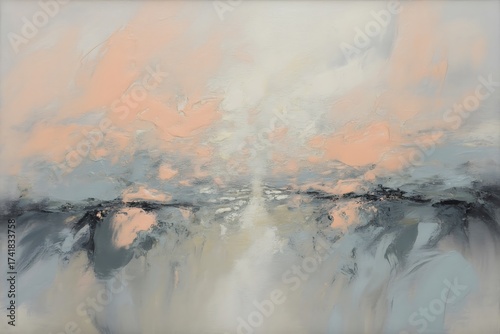 Abstract landscape with soft peach and grey tones, suggesting a distant horizon
