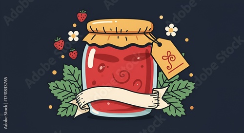 Stylized illustration of jar filled with red jam, adorned with strawberries and leaves.