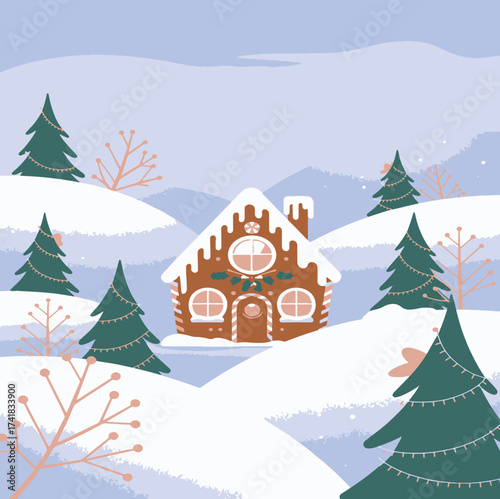 Charming gingerbread house in a snowy winter wonderland landscape with evergreen trees