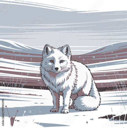 Arctic fox seated in snowy winter landscape with subtle pink and blue hues