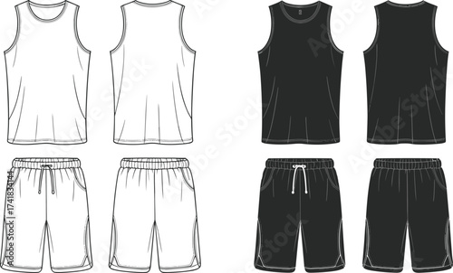 Men activewear set vector, tank top and shorts flat sketch, sportswear fashion design, workout clothing illustration, cad drawing template