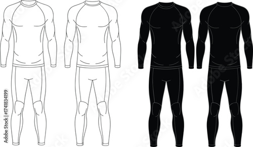 Men compression sportswear vector, long sleeve top and leggings flat sketch, athletic base layer outfit, cad drawing fashion illustration