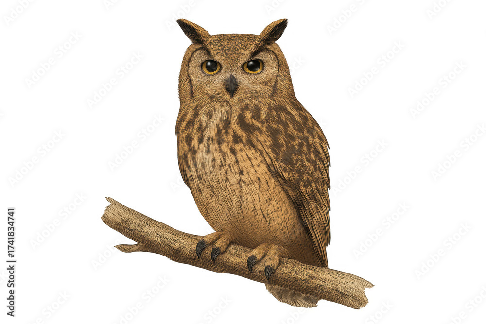 Obraz premium Owl bird of prey perched on branch, transparent background
