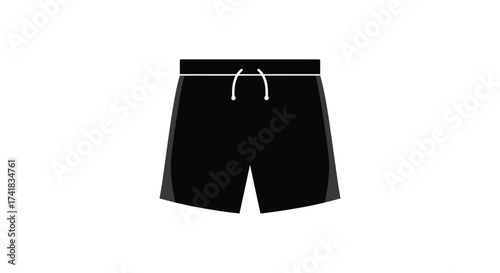 Simple black swim shorts with white drawstrings isolated on front view casual apparel