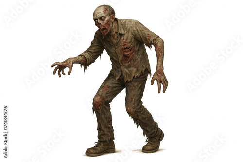 Zombie monster walking with tattered clothes, reaching out, undead halloween horror apocalypse creature