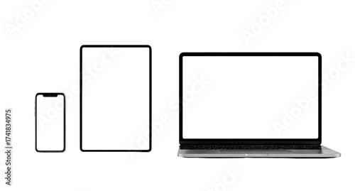 Three digital devices with blank white screens are displayed side-by-side against a black background