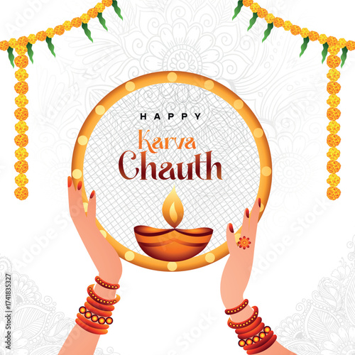 A traditional Karva Chauth illustration showing decorated female hands holding the pooja sieve (channi) to view the moon, with a lit diya, bangles, and marigold garlands.