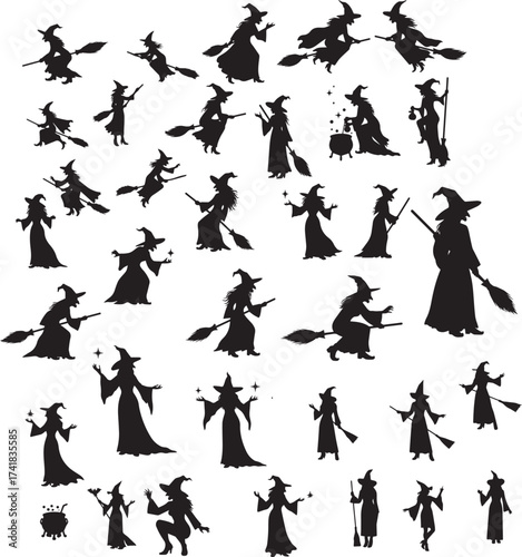 Halloween vector set of black witch silhouettes in various poses with broomsticks, cauldrons, and hats, perfect for spooky designs and festive decorations.