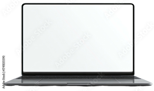 Front view of a modern laptop computer with an open, bright white display screen