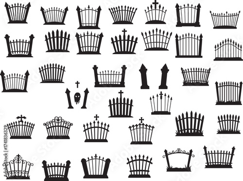 Set of spooky black iron fence and gate silhouettes for Halloween designs, haunted house decorations, graveyard scenes, invitations, and spooky backgrounds.