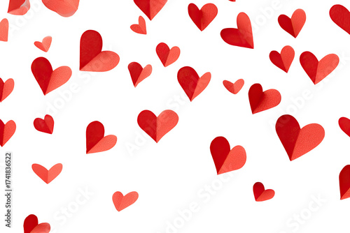 Scattered, crimson paper hearts in varying sizes, creating a festive, abstract backdrop