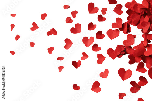 Red paper hearts falling against a stark black background, suggesting love and romance