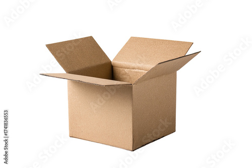 An empty, opened, brown cardboard box with all its flaps unfolded, set against a black background