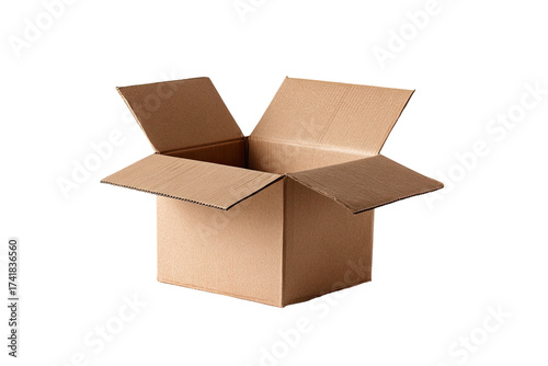 An empty, open cardboard box, isolated on a black background, presenting its interior