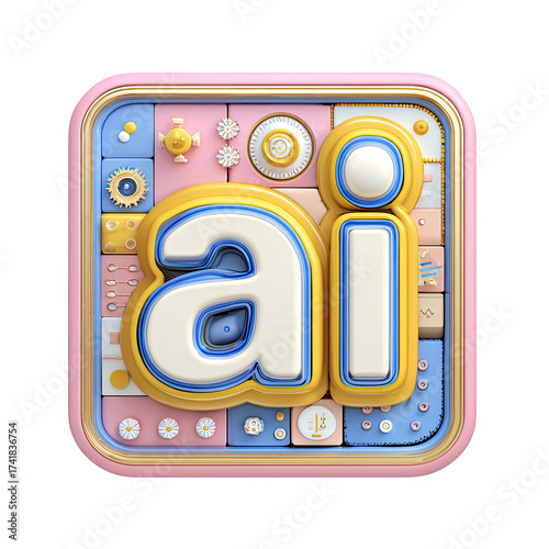 Playful, 3D-rendered, colorful icon features the letters 