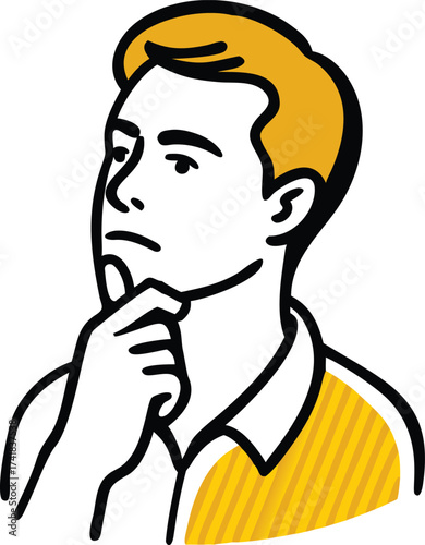 Man with hand on chin thinking deeply with yellow shirt and orange hair contemplation idea