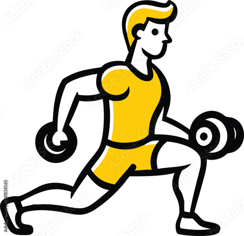 Stylized man in yellow workout clothes performing dumbbell lunges fitness exercise