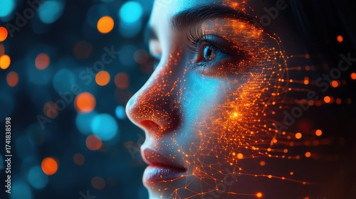 Close-up profile of a young woman's face illuminated by glowing digital particles, representing artificial intelligence and data.