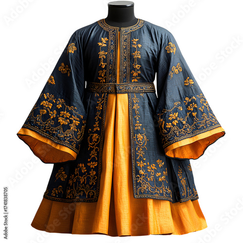 Ornate historical garment with intricate embroidery and vibrant orange accents a traditional tunic or robe displayed on a mannequin isolated on transparent background