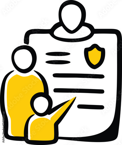 Stylized yellow and black icon of a family and a document with shield protection insurance