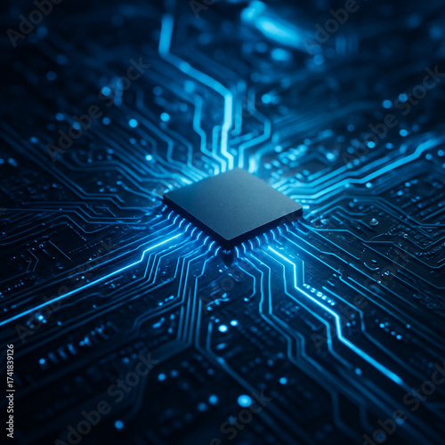 AI generated futuristic digital circuit board with glowing blue signal lines and central microchip symbolizing advanced technology data flow energy and modern cyber innovation