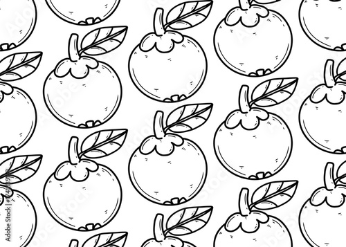 Seamless pattern of hand-drawn mangosteen fruits with leaves, in a black and white line art style, repeated across the image.