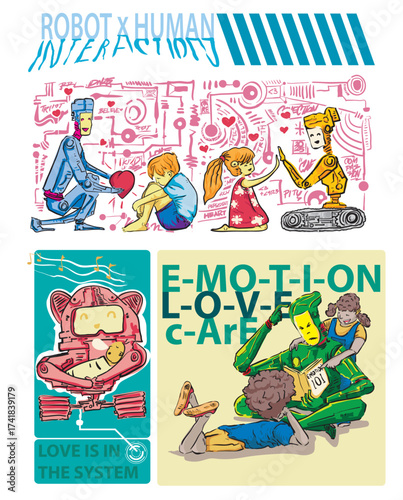 Vector illustration of robot or humanoid showing some compassion to children. And other interaction with human offspring.