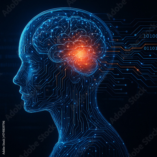 AI generated futuristic digital brain concept with glowing blue circuit lines orange light core and human head outline symbolizing intelligence data processing technology and connectivity