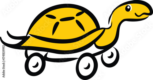 Yellow cartoon turtle with wheels and black outline on white background animal