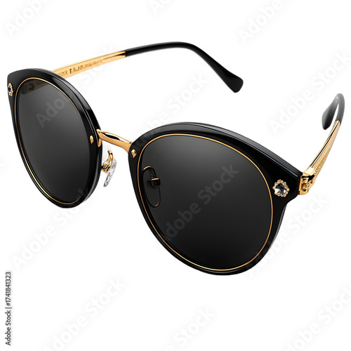 Stylish designer cat eye sunglasses with dark lenses and gold accents on the temples isolated on transparent background