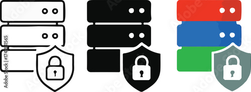Server Rack with Security Shield Icons in Outline Silhouette and Color vector illustration