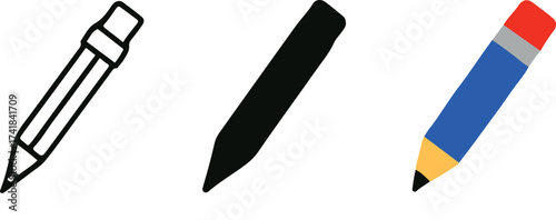 Three Pencil Icons Outline Solid Color and Filled on White Keywords: pencil, icon, outline