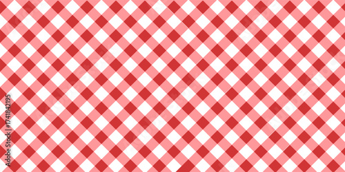 Red and white diagonal gingham or vichy pattern. Textile design. Traditional tablecloth, picnic plaid, basket napkin, towel or handkerchief print