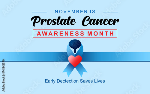 Prostate Cancer Awareness Month. Banner template featuring a soft blue awareness ribbon. Isolated on a bright light blue background. Vector illustration.