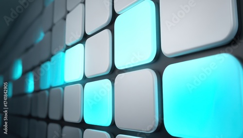 Abstract background with white and blue glowing rounded square tiles in a grid pattern design