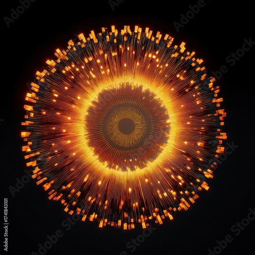 Glowing orange and red circular pattern with radiating lines on a dark background design element