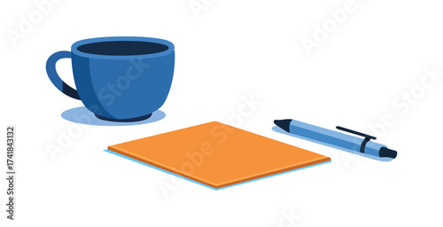 Coffee mug, notebook and pen ready for work or study, Isolated on white background.