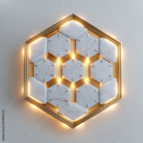 A golden framed hexagon with marble tiles and glowing lines in a geometric arrangement design
