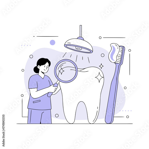 Dental Checkup and Care Illustration - Dentist Examining Tooth with Magnifying Glass and Toothbrush Vector Graphic