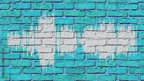 Sound wave painted on a blue brick wall with rough texture and white paint