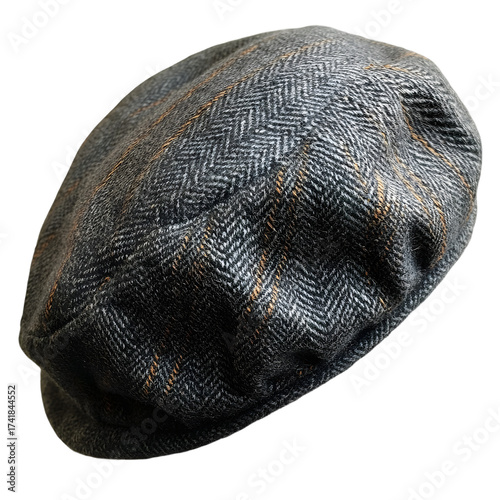 Close up of a textured dark gray beret hat with intricate woven patterns isolated on transparent background