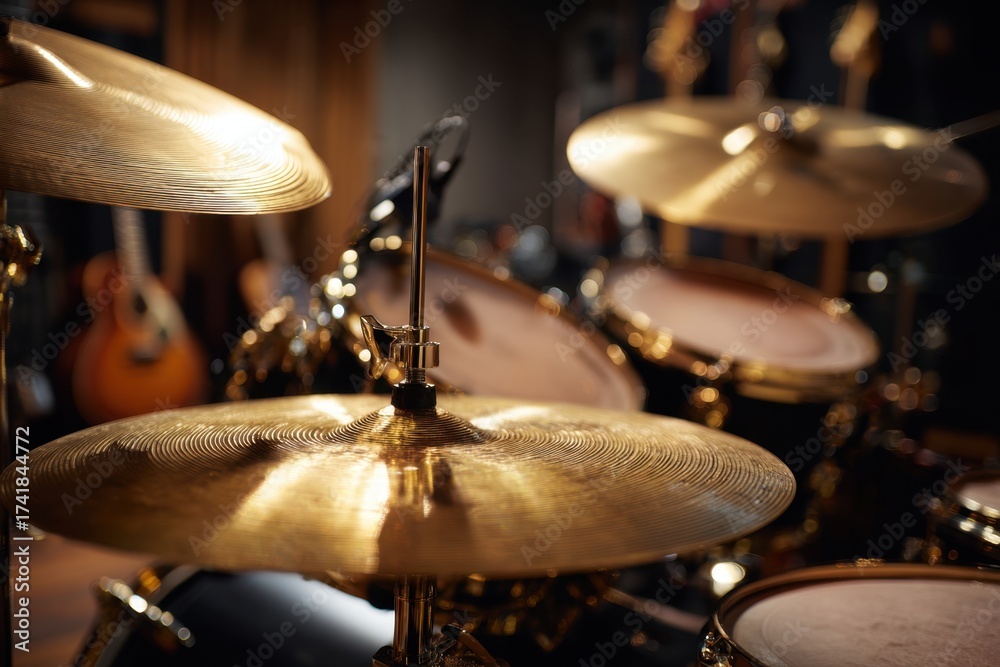 Naklejka premium A drum set with golden cymbals and drums is ready for a musical performance in a studio.
