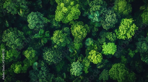 Aerial view of a dense, vibrant green forest canopy, showcasing the intricate patterns of tree tops under natural light.