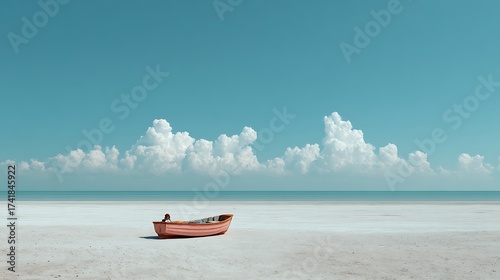 Peaceful distant summer beach with smooth sand and tiny sailboat on calm horizon, wide blue sky with large white space ideal for advertising, text overlay or travel design concept.