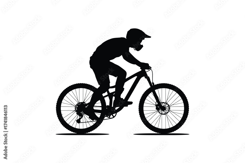 Fototapeta premium Black silhouette of a mountain biker in motion bicycle white